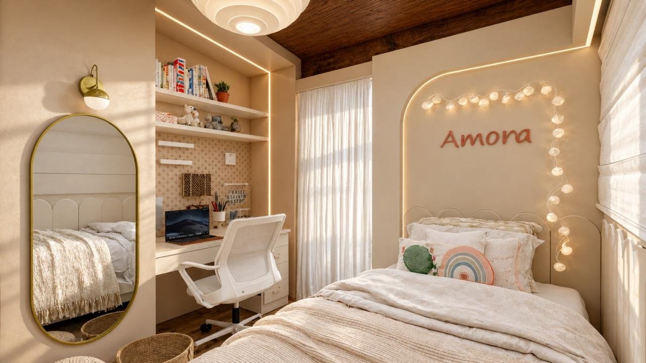 Render de um quarto infantil criado a partir da foto do espaço